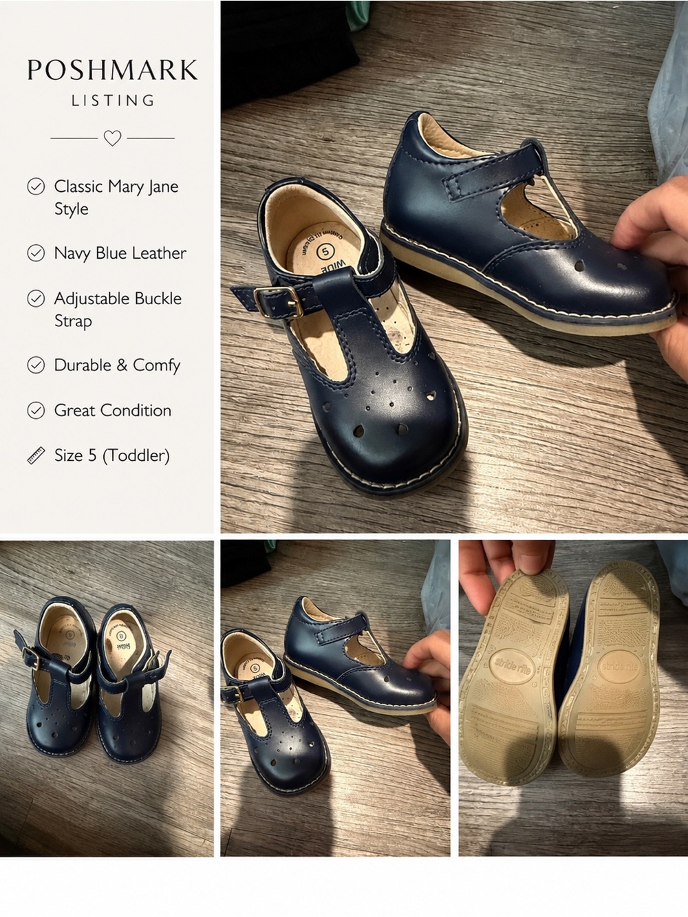 FootMates Navy T-Strap Kids Dress Shoes with Gold Buckle